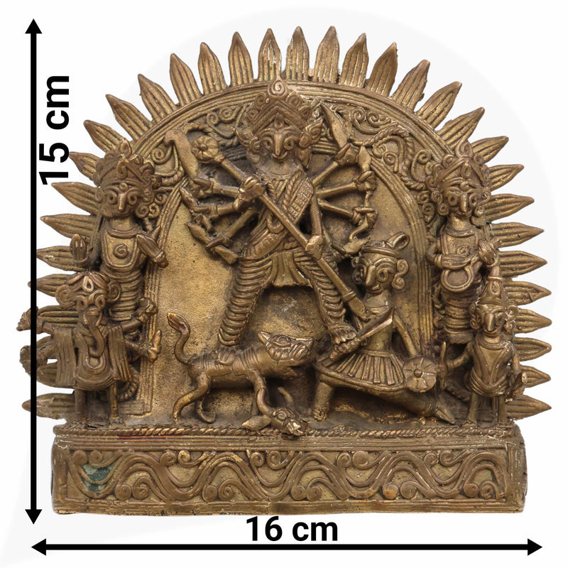 Brass Durga Idol, Peetal Mahishasura Mardini Murti, Ashtadhatu Shakti Devi Statue for Pooja & Home Decor, Brown, 6 Inch, 1 Piece