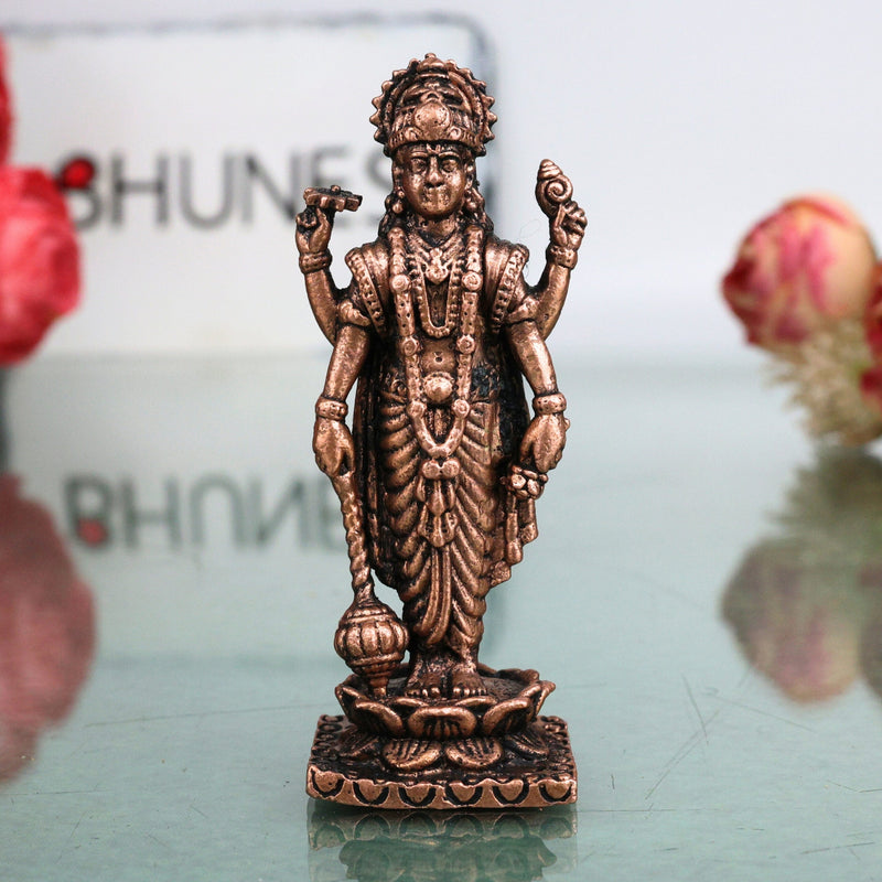 Copper Vishnu Antique Idol, Lord Narayan Statue , Sri Vishnu Ji Murti,Brown, 3 Inch, 1 Piece