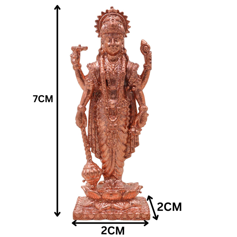 Copper Vishnu Idol, Handcrafted Tamra Narayana Perumal Murti, Venkatesha Govinda Vigraham for Pooja Home Decor Spiritual Gifting, Brown, 3 Inch, 1 Piece
