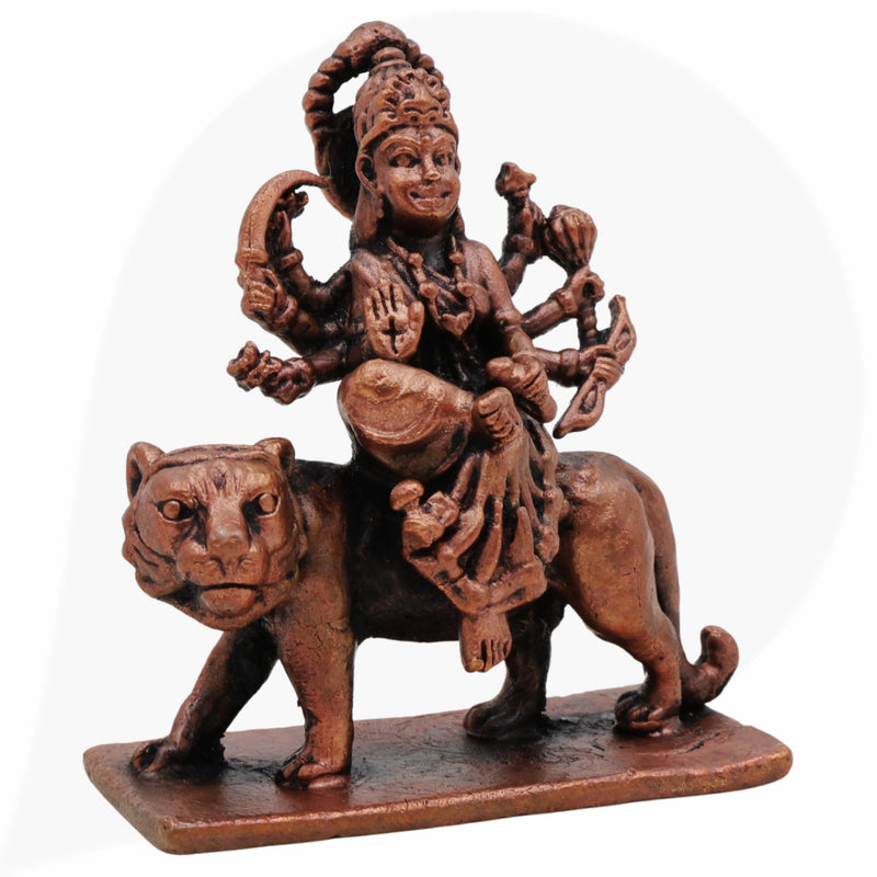 Handcrafted Copper Mahishasura Mardini Idol,Tamra Durga Devi Chamundeshwari Moorti, Tamraloha Durga Statue for Pooja, Home Temple & Navratri Decor, Brown, 3 Inch, 1 Piece