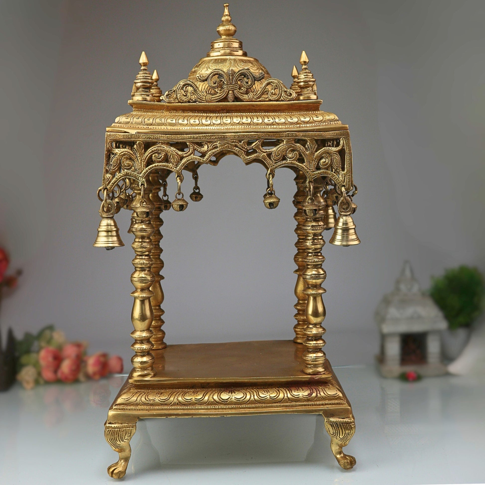 Bhunes Brass Temple Mandir, Handmade Pooja Mandap for Home, Religious Decor, Puja Room, Brass Mandir for Pooja Decoration & Gifts, Gold, 21 Inch, 1 Piece
