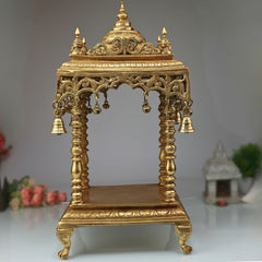 Bhunes Brass Temple Mandir, Handmade Pooja Mandap for Home, Religious Decor, Puja Room, Brass Mandir for Pooja Decoration & Gifts, Gold, 21 Inch, 1 Piece