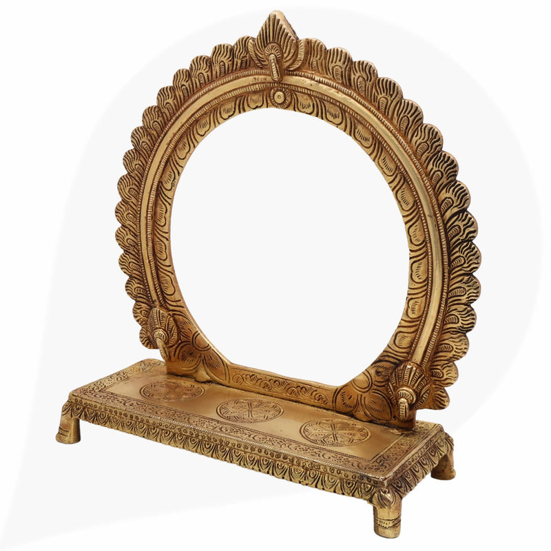 Bhunes Brass Chowki with Prabhavali, Deity Singhasan with Arch, Handmade Brass Peetha Bajot for Temple, Pooja Mandir & Home Decor, Gold, 10 Inch, 1 Piece