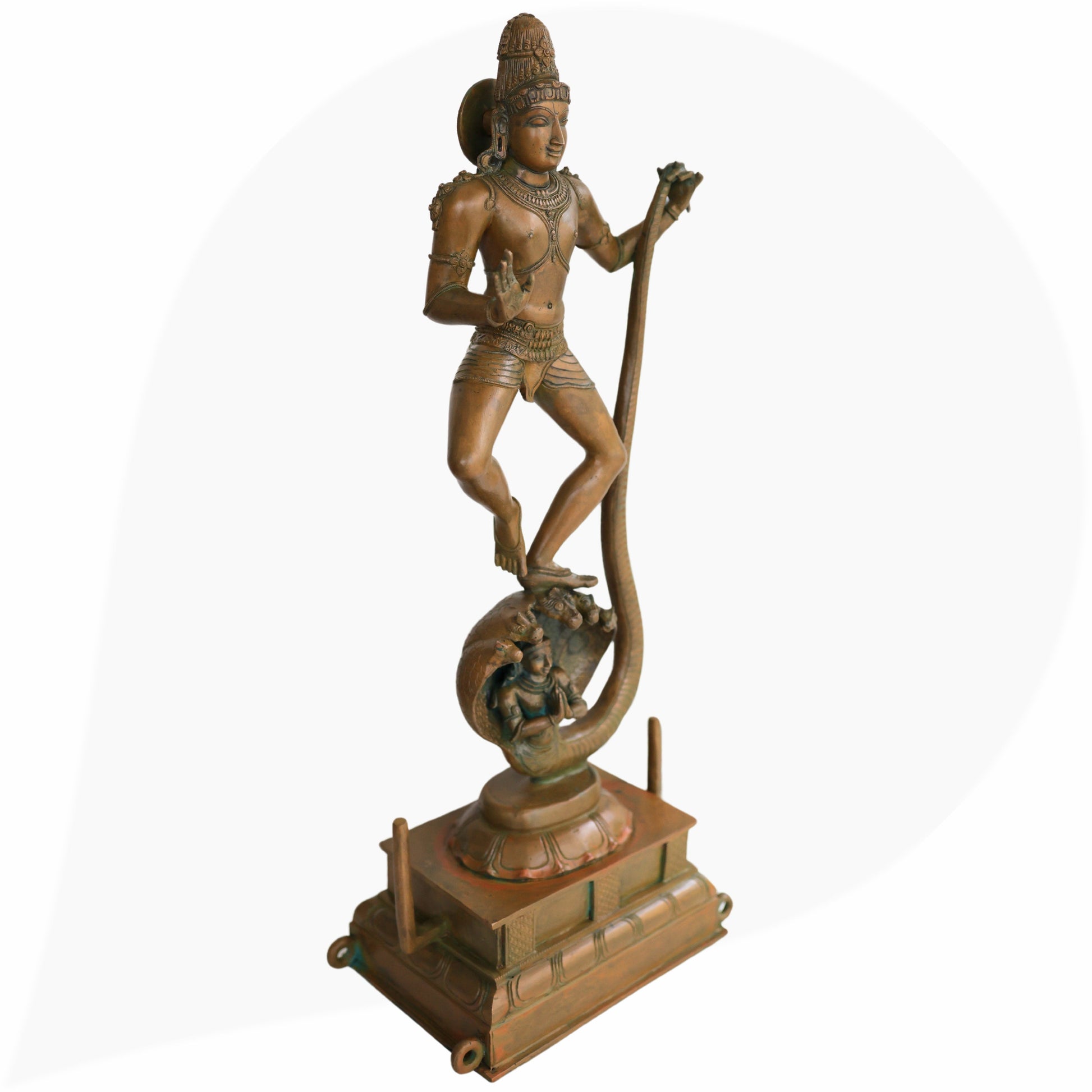 Panchaloha Krishna Standing on Kaliya Nag Idol, Bronze Gopal Murti, Shesnag Krishna Vigaraham for Pooja, Home Decor, Temple Sculpture, Brown, 26.5 Inch, 1 Piece