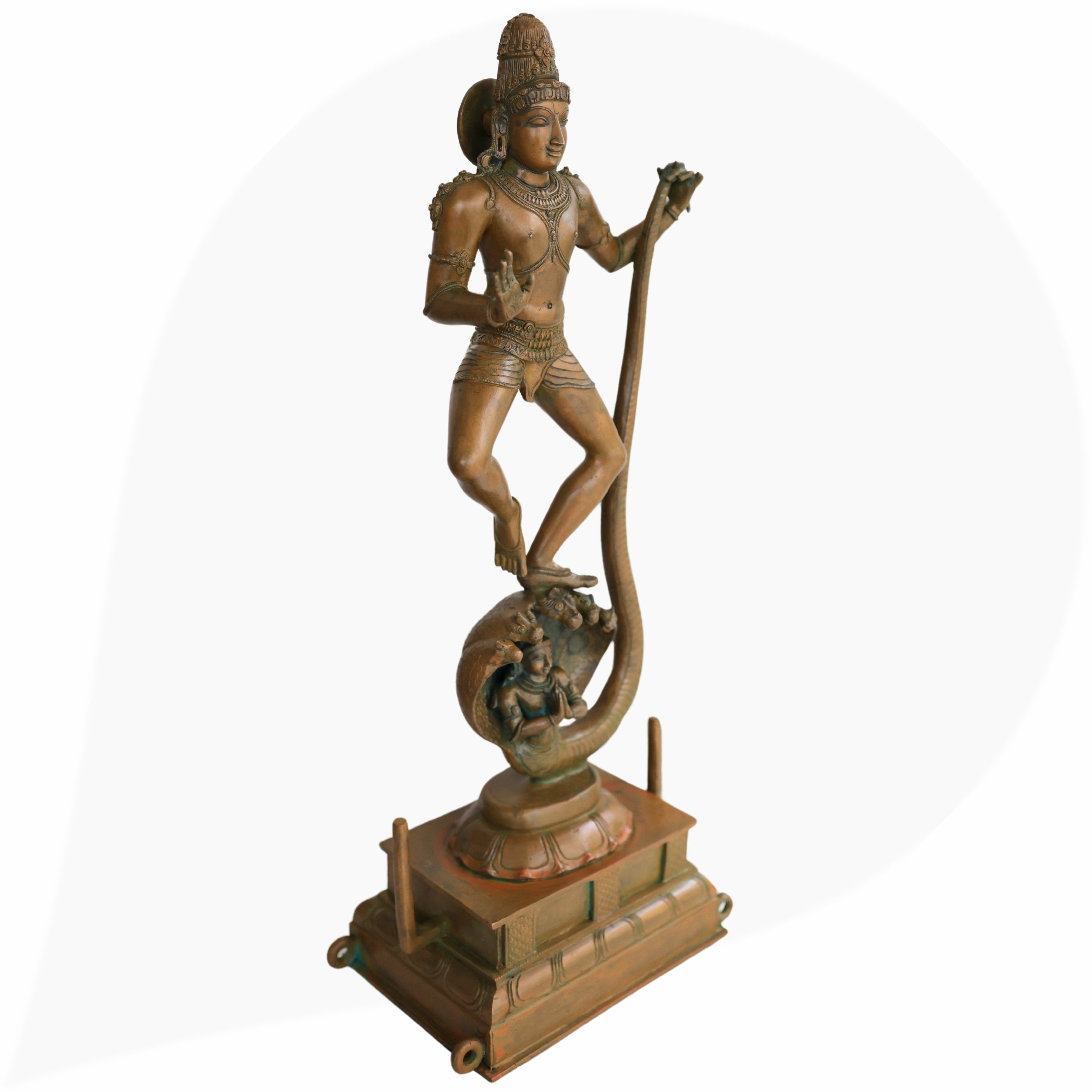 Panchaloha Krishna Standing on Kaliya Nag Idol, Bronze Gopal Murti, Shesnag Krishna Vigaraham for Pooja, Home Decor, Temple Sculpture, Brown, 26.5 Inch, 1 Piece