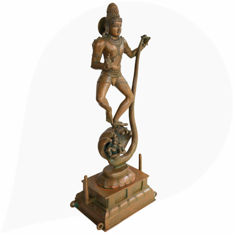 Panchaloha Krishna Standing on Kaliya Nag Idol, Bronze Gopal Murti, Shesnag Krishna Vigaraham for Pooja, Home Decor, Temple Sculpture, Brown, 26.5 Inch, 1 Piece