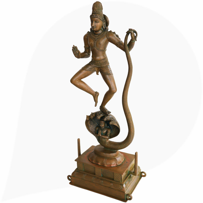 Panchaloha Krishna Standing on Kaliya Nag Idol, Bronze Gopal Murti, Shesnag Krishna Vigaraham for Pooja, Home Decor, Temple Sculpture, Brown, 26.5 Inch, 1 Piece
