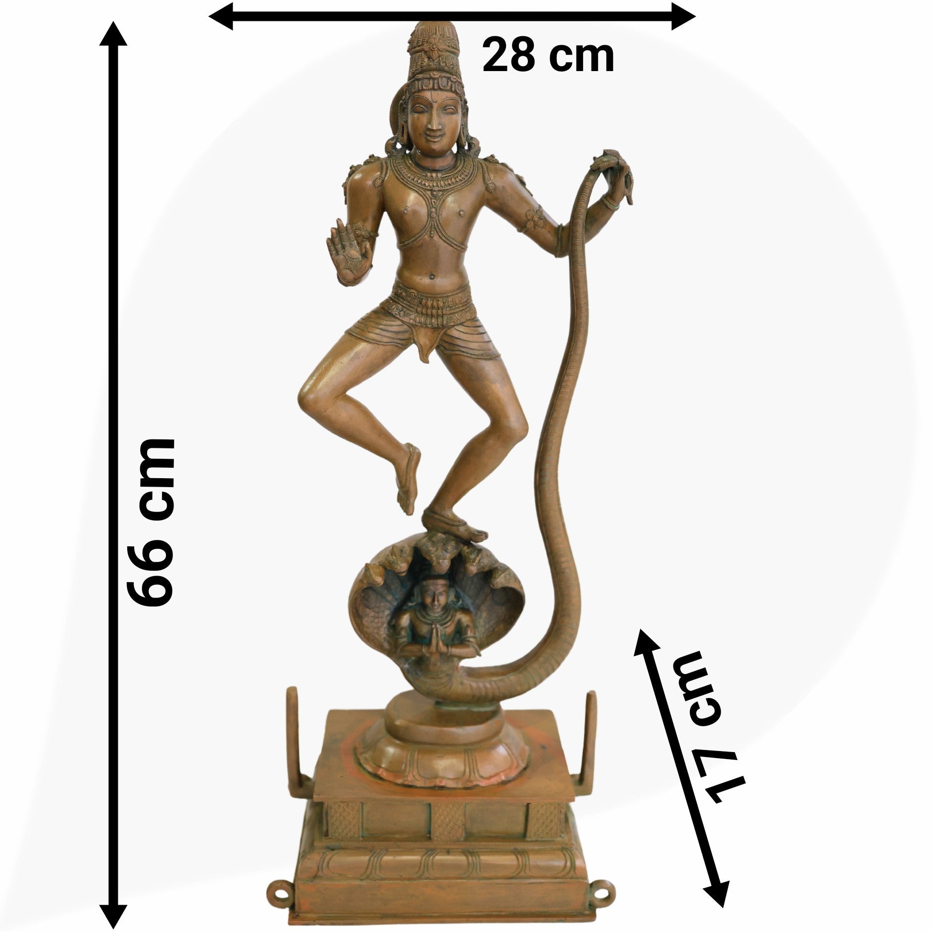 Panchaloha Krishna Standing on Kaliya Nag Idol, Bronze Gopal Murti, Shesnag Krishna Vigaraham for Pooja, Home Decor, Temple Sculpture, Brown, 26.5 Inch, 1 Piece