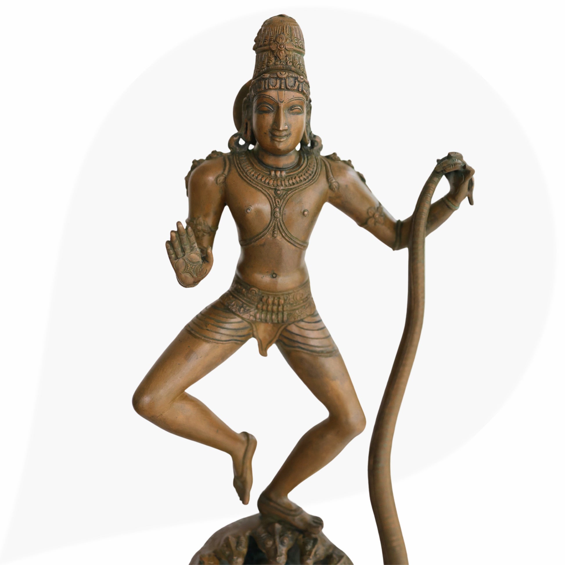 Panchaloha Krishna Standing on Kaliya Nag Idol, Bronze Gopal Murti, Shesnag Krishna Vigaraham for Pooja, Home Decor, Temple Sculpture, Brown, 26.5 Inch, 1 Piece