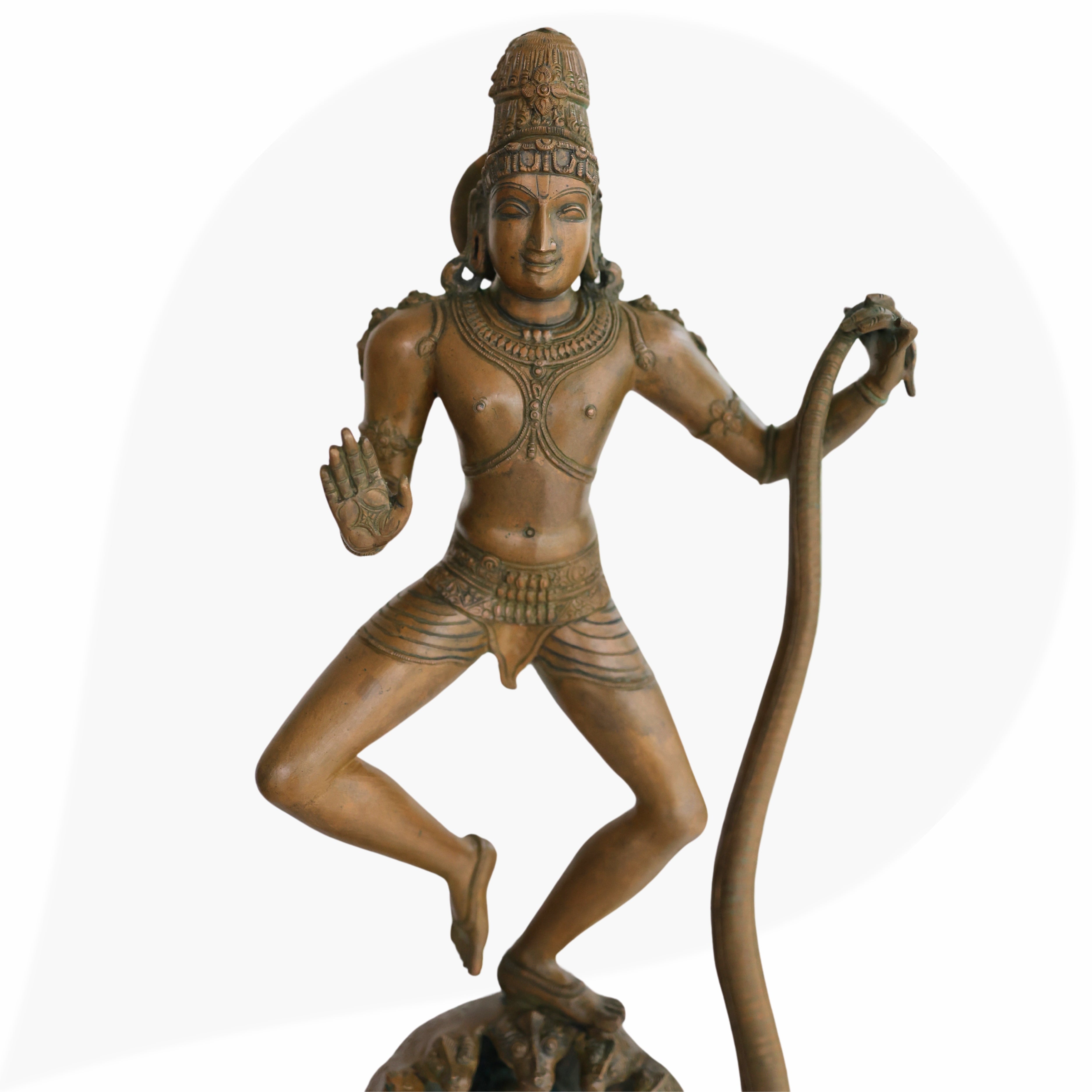 Panchaloha Krishna Standing on Kaliya Nag Idol, Bronze Gopal Murti, Shesnag Krishna Vigaraham for Pooja, Home Decor, Temple Sculpture, Brown, 26.5 Inch, 1 Piece