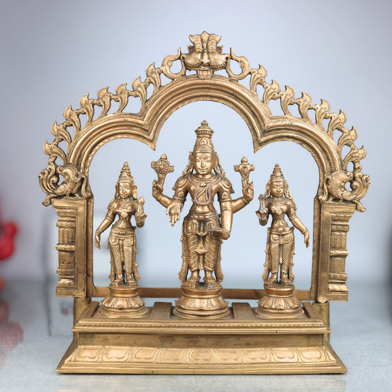 Handcrafted Panchaloha Bronze Vishnu Lakshmi Bhudevi Idol with Prabhavali & Peetam | Traditional Shrinivasa Murti for Temple & Home Pooja,Gold, 14 Inch, 1 Piece