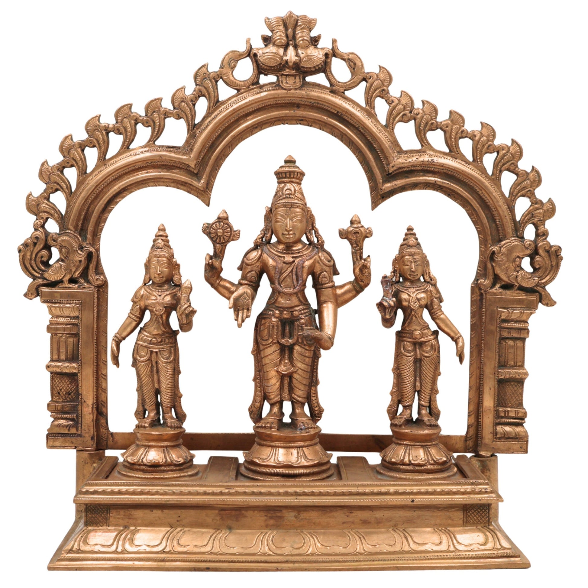 Handcrafted Panchaloha Bronze Vishnu Lakshmi Bhudevi Idol with Prabhavali & Peetam | Traditional Shrinivasa Murti for Temple & Home Pooja,Gold, 14 Inch, 1 Piece