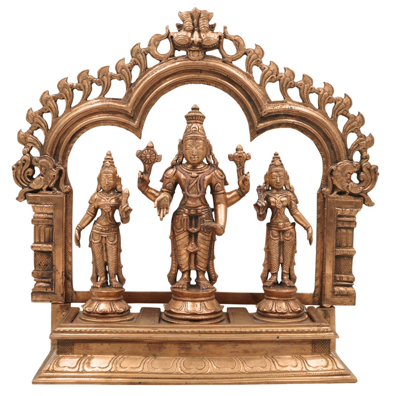 Handcrafted Panchaloha Bronze Vishnu Lakshmi Bhudevi Idol with Prabhavali & Peetam | Traditional Shrinivasa Murti for Temple & Home Pooja,Gold, 14 Inch, 1 Piece