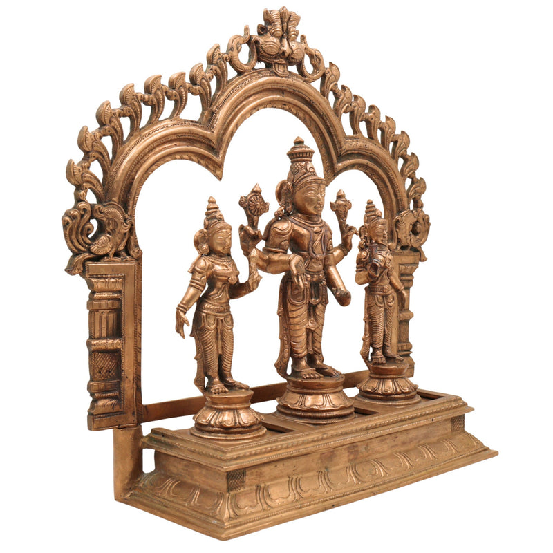 Handcrafted Panchaloha Bronze Vishnu Lakshmi Bhudevi Idol with Prabhavali & Peetam | Traditional Shrinivasa Murti for Temple & Home Pooja,Gold, 14 Inch, 1 Piece