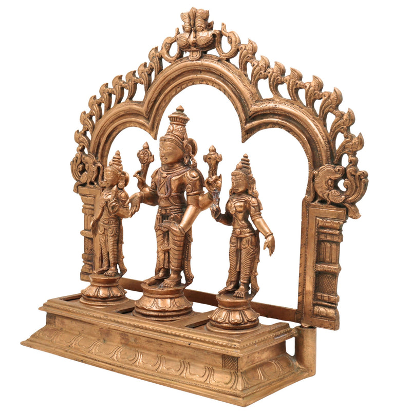 Handcrafted Panchaloha Bronze Vishnu Lakshmi Bhudevi Idol with Prabhavali & Peetam | Traditional Shrinivasa Murti for Temple & Home Pooja,Gold, 14 Inch, 1 Piece