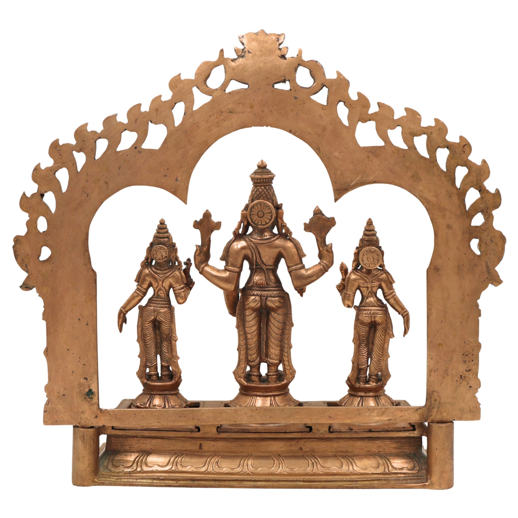 Handcrafted Panchaloha Bronze Vishnu Lakshmi Bhudevi Idol with Prabhavali & Peetam | Traditional Shrinivasa Murti for Temple & Home Pooja,Gold, 14 Inch, 1 Piece