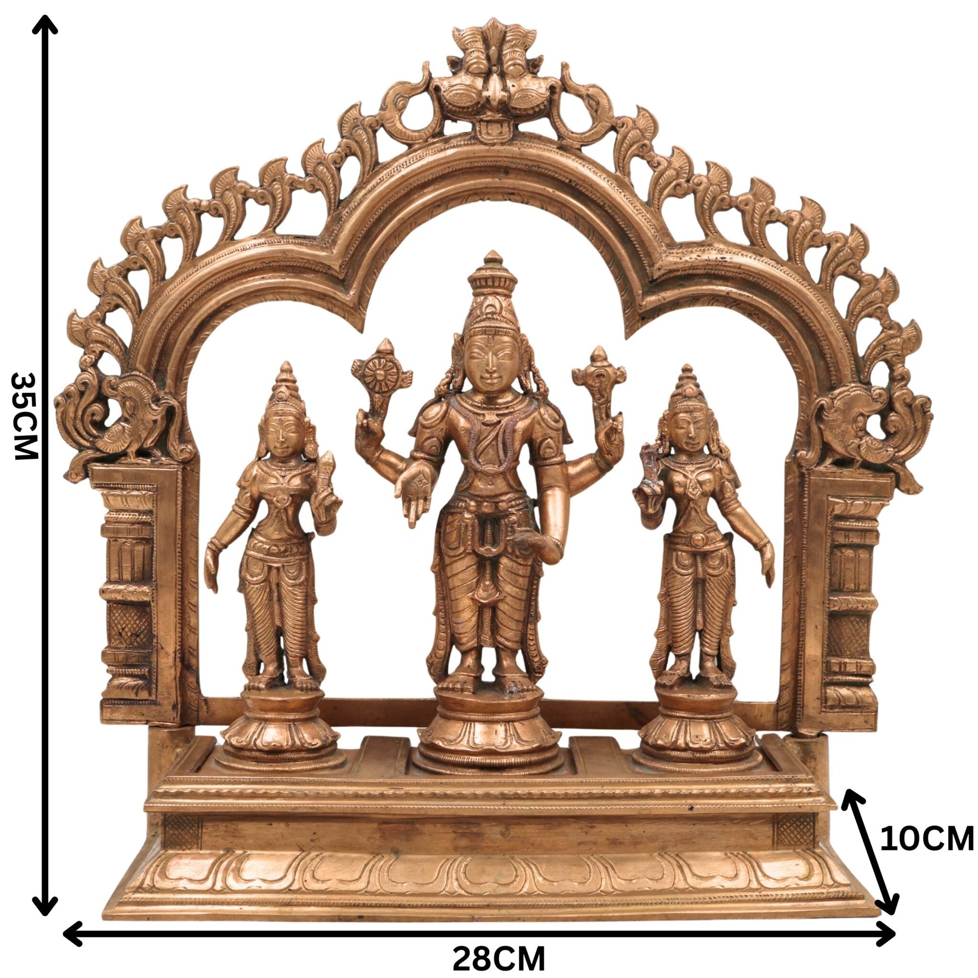 Handcrafted Panchaloha Bronze Vishnu Lakshmi Bhudevi Idol with Prabhavali & Peetam | Traditional Shrinivasa Murti for Temple & Home Pooja,Gold, 14 Inch, 1 Piece