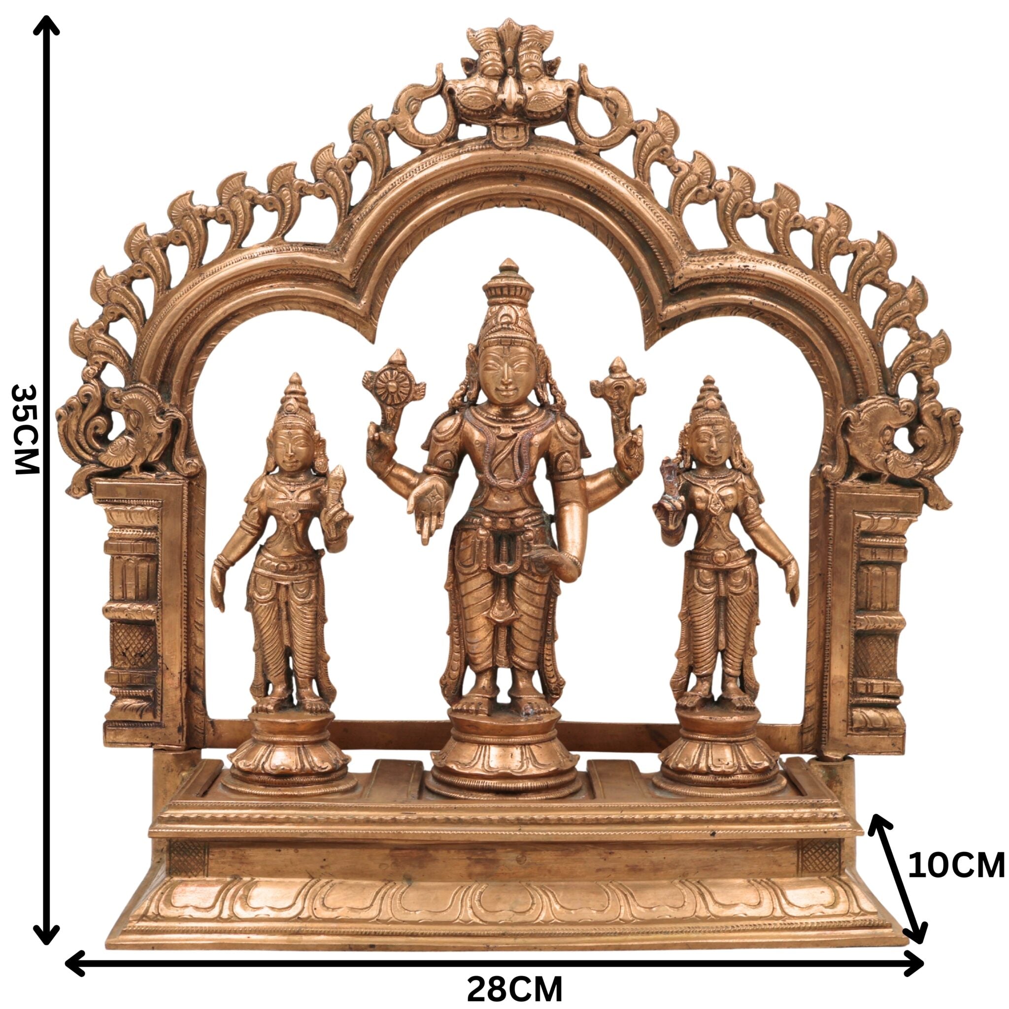 Handcrafted Panchaloha Bronze Vishnu Lakshmi Bhudevi Idol with Prabhavali & Peetam | Traditional Shrinivasa Murti for Temple & Home Pooja,Gold, 14 Inch, 1 Piece
