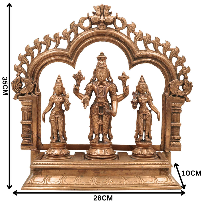 Handcrafted Panchaloha Bronze Vishnu Lakshmi Bhudevi Idol with Prabhavali & Peetam | Traditional Shrinivasa Murti for Temple & Home Pooja,Gold, 14 Inch, 1 Piece