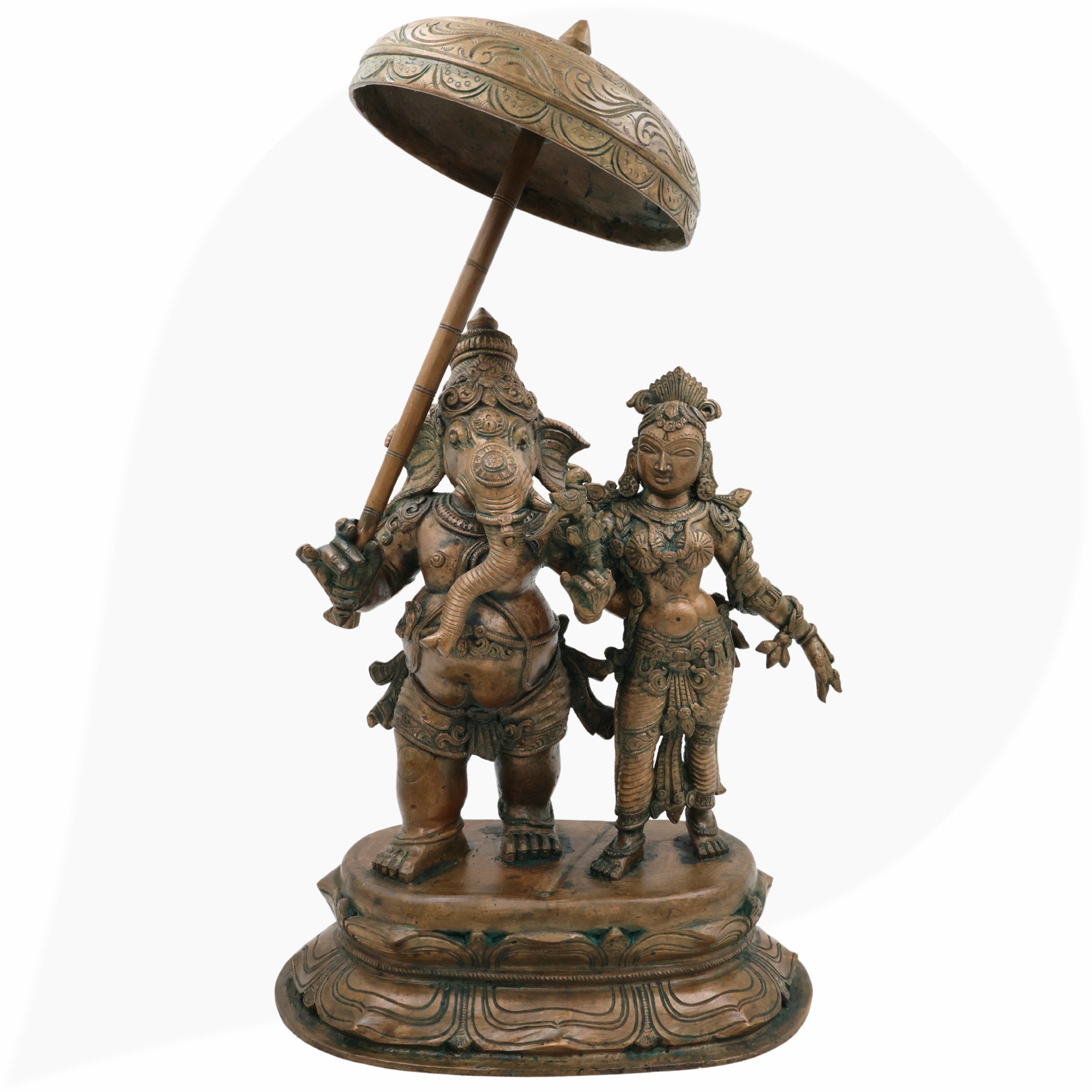 Exquisite Panchaloha Mahaganapati Idol with Shakti, Bronze Ganesh Vigraha, Panchadhatu Ganesh Ji Murti for Pooja, Temple & Home Decor,Brown, 18.5 Inch, 1 Piece