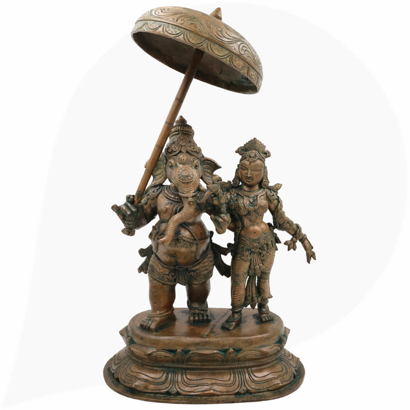 Exquisite Panchaloha Mahaganapati Idol with Shakti, Bronze Ganesh Vigraha, Panchadhatu Ganesh Ji Murti for Pooja, Temple & Home Decor,Brown, 18.5 Inch, 1 Piece