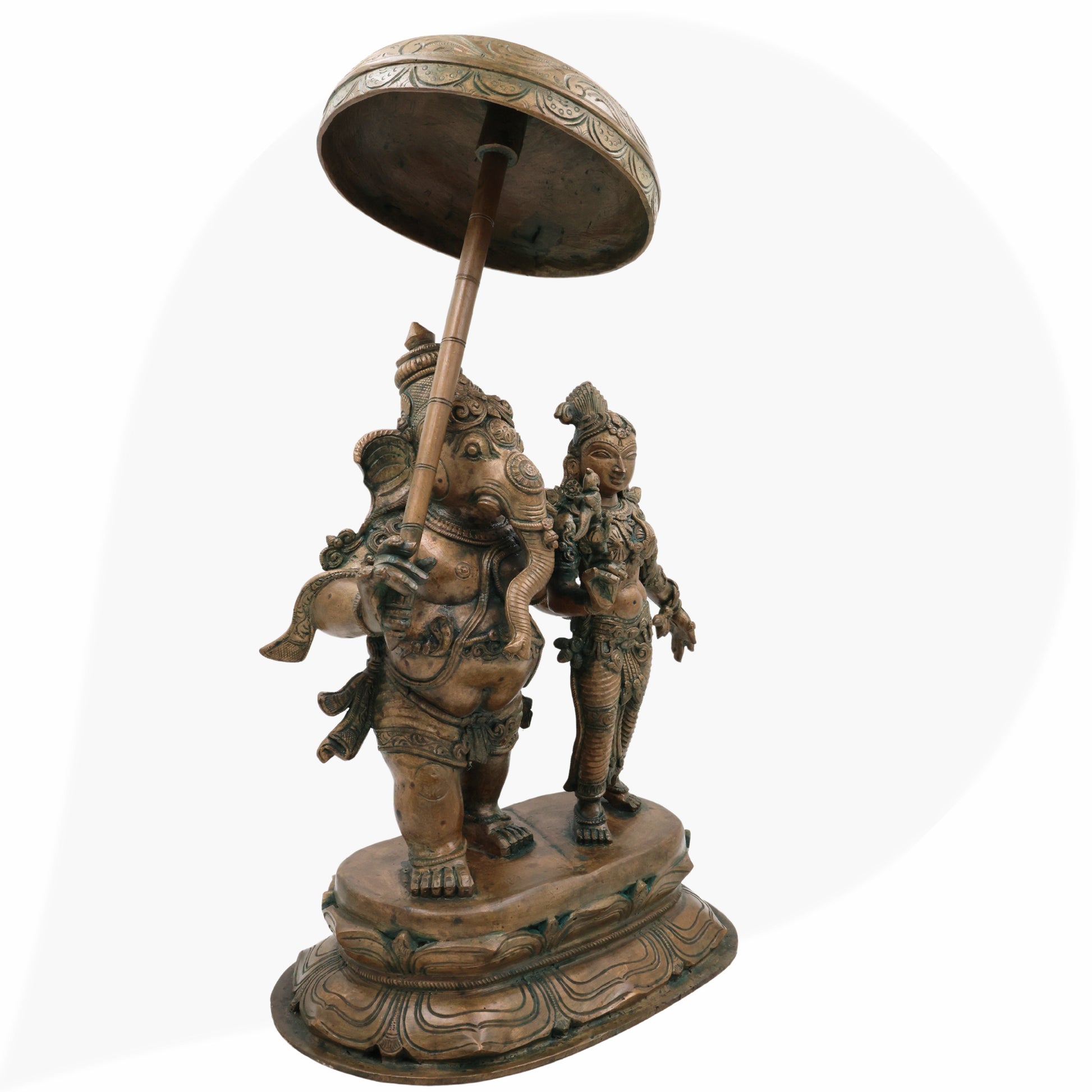 Exquisite Panchaloha Mahaganapati Idol with Shakti, Bronze Ganesh Vigraha, Panchadhatu Ganesh Ji Murti for Pooja, Temple & Home Decor,Brown, 18.5 Inch, 1 Piece