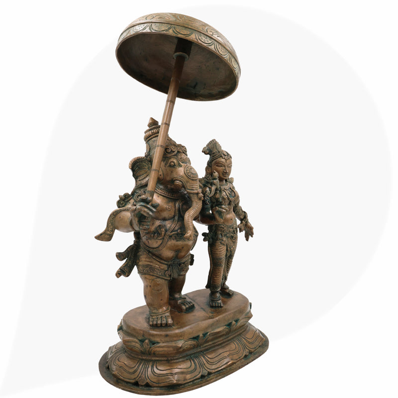 Exquisite Panchaloha Mahaganapati Idol with Shakti, Bronze Ganesh Vigraha, Panchadhatu Ganesh Ji Murti for Pooja, Temple & Home Decor,Brown, 18.5 Inch, 1 Piece