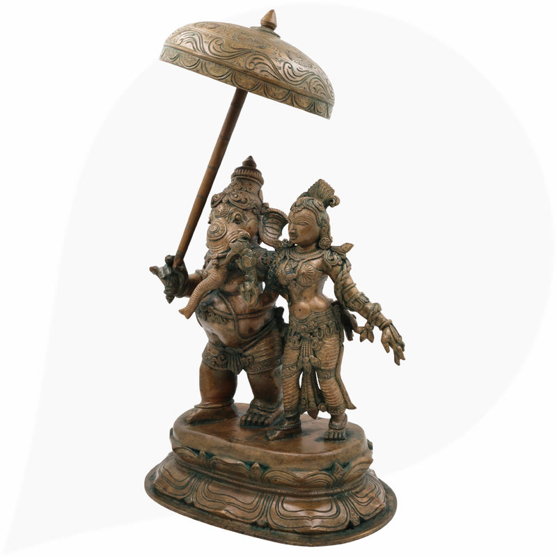Exquisite Panchaloha Mahaganapati Idol with Shakti, Bronze Ganesh Vigraha, Panchadhatu Ganesh Ji Murti for Pooja, Temple & Home Decor,Brown, 18.5 Inch, 1 Piece