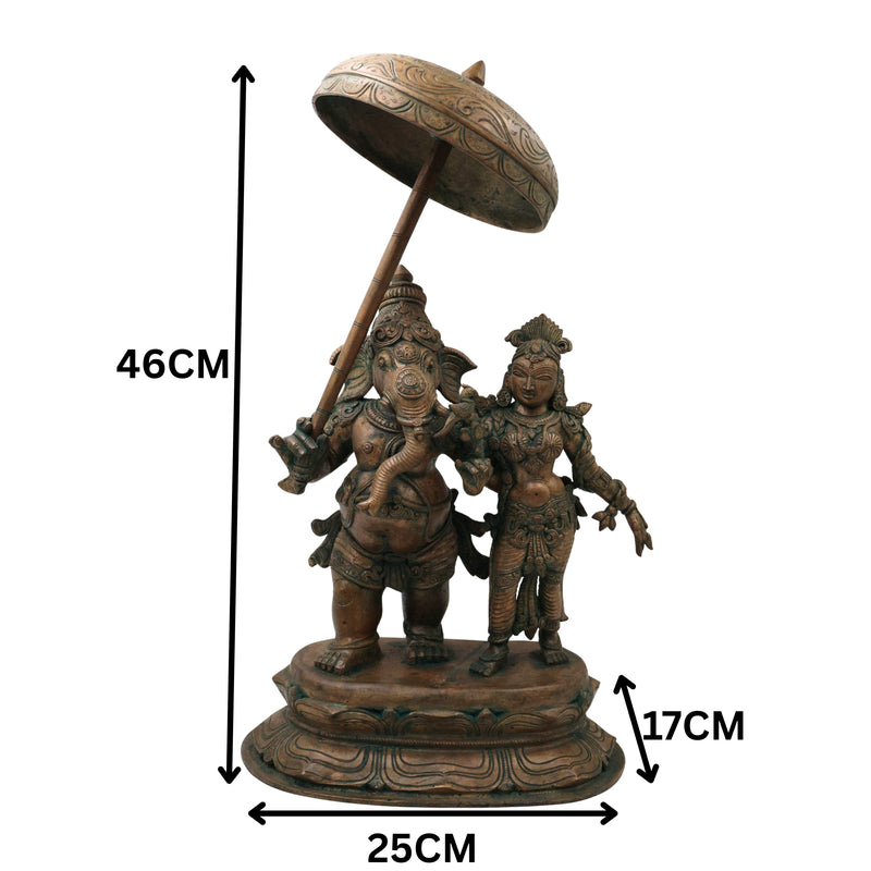 Exquisite Panchaloha Mahaganapati Idol with Shakti, Bronze Ganesh Vigraha, Panchadhatu Ganesh Ji Murti for Pooja, Temple & Home Decor,Brown, 18.5 Inch, 1 Piece