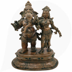 Exquisite Panchaloha Mahaganapati Idol with Shakti, Bronze Ganesh Vigraha, Panchadhatu Ganesh Ji Murti for Pooja, Temple & Home Decor,Brown, 18.5 Inch, 1 Piece