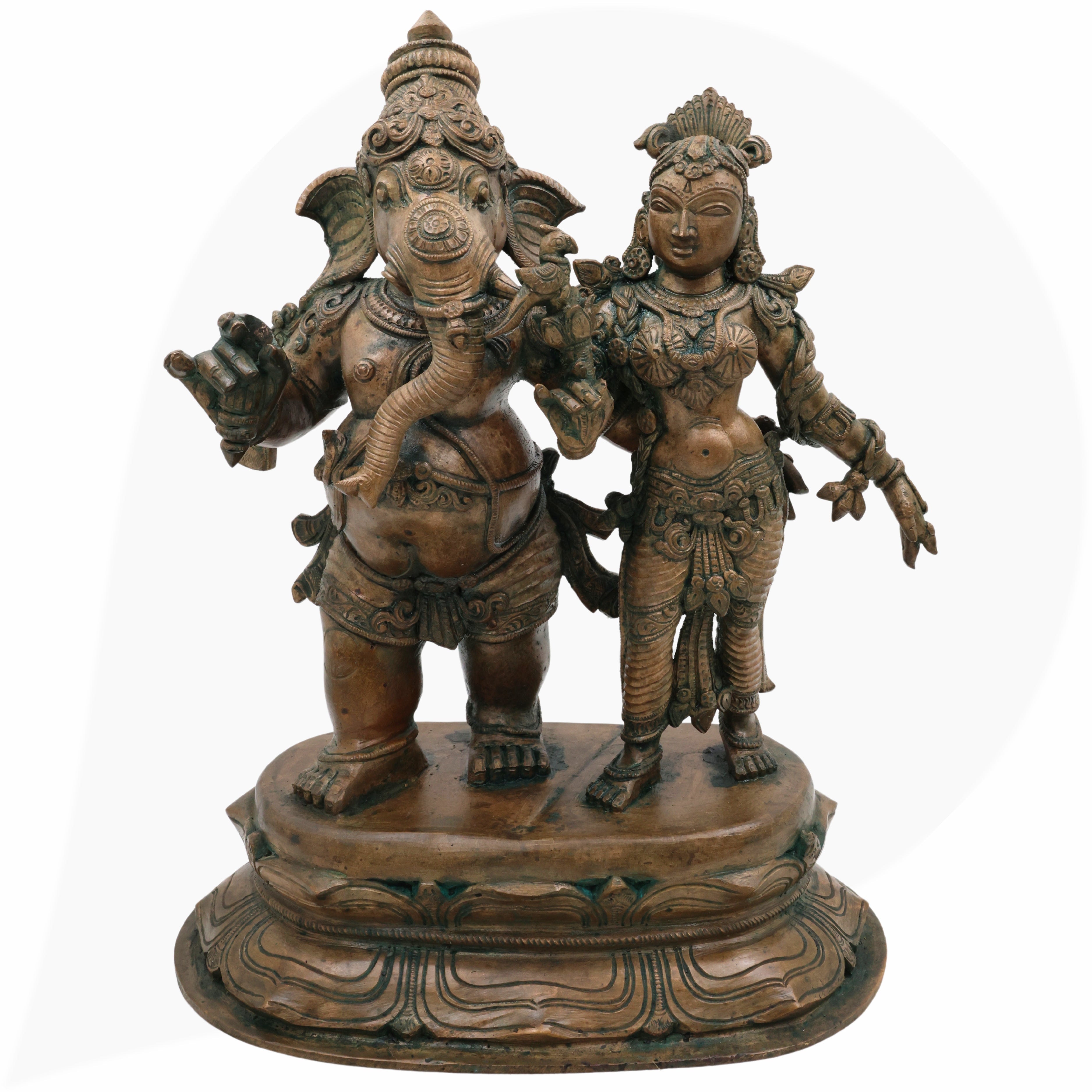 Exquisite Panchaloha Mahaganapati Idol with Shakti, Bronze Ganesh Vigraha, Panchadhatu Ganesh Ji Murti for Pooja, Temple & Home Decor,Brown, 18.5 Inch, 1 Piece