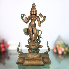 Handcrafted Bronze Durga Devi Idol | Mahishasura Mardini Panchaloha Sculpture | South Indian Chola Art Shakti Murti for Temple & Home,Brown, 19 Inch, 1 Piece