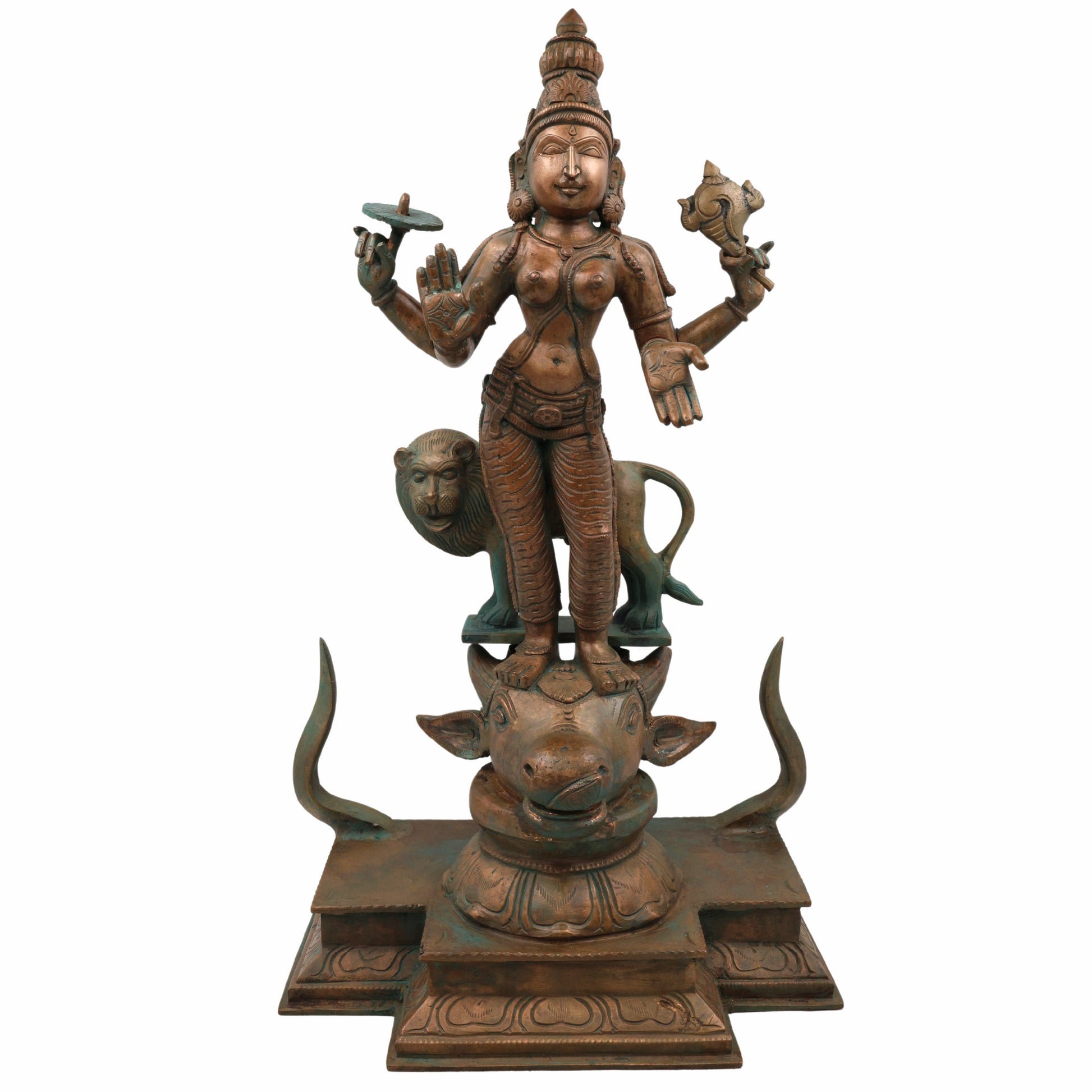 Handcrafted Bronze Durga Devi Idol | Mahishasura Mardini Panchaloha Sculpture | South Indian Chola Art Shakti Murti for Temple & Home,Brown, 19 Inch, 1 Piece