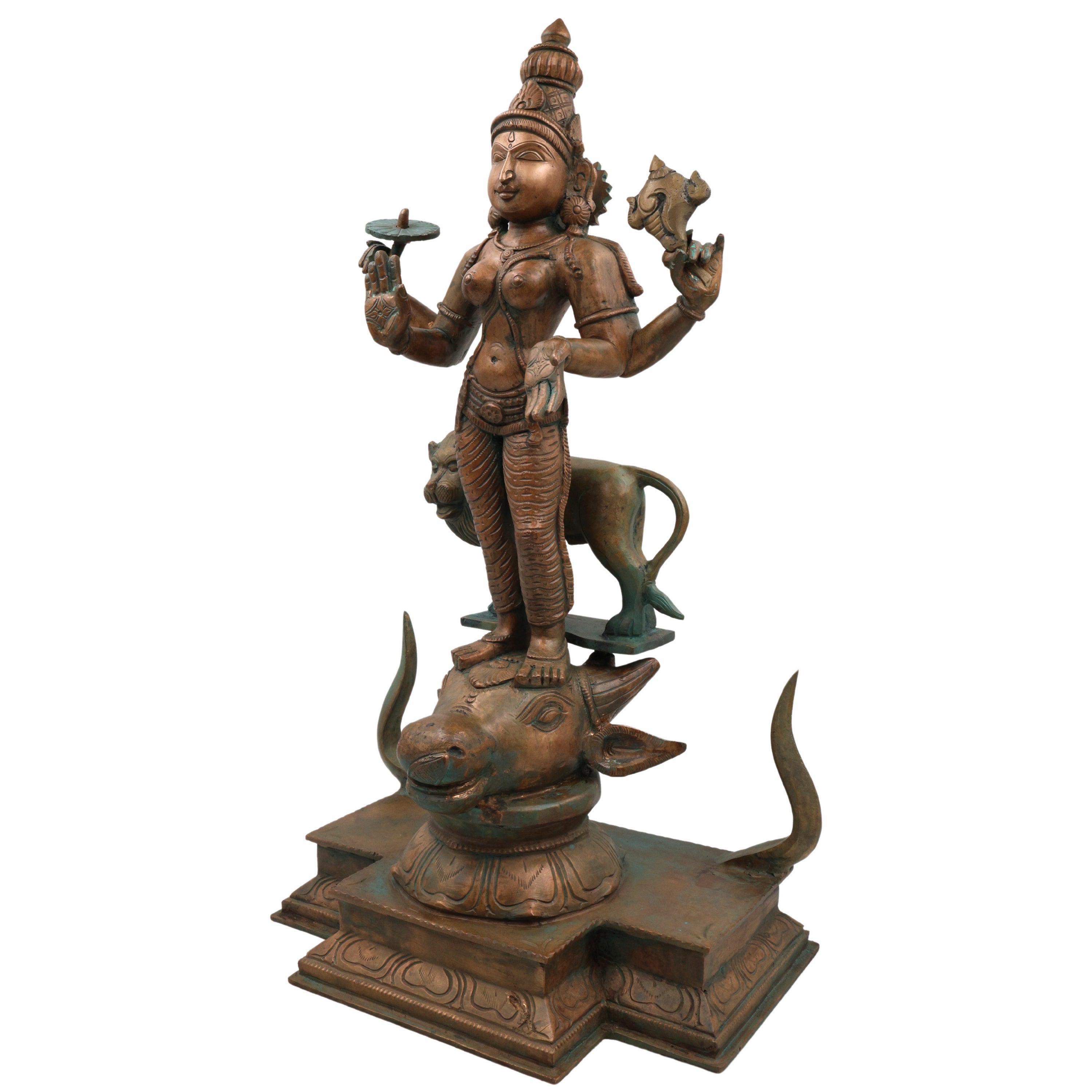Handcrafted Bronze Durga Devi Idol | Mahishasura Mardini Panchaloha Sculpture | South Indian Chola Art Shakti Murti for Temple & Home,Brown, 19 Inch, 1 Piece