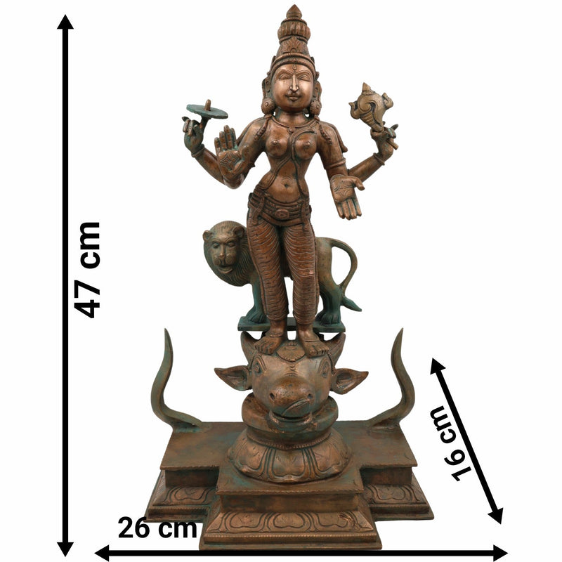 Handcrafted Bronze Durga Devi Idol | Mahishasura Mardini Panchaloha Sculpture | South Indian Chola Art Shakti Murti for Temple & Home,Brown, 19 Inch, 1 Piece