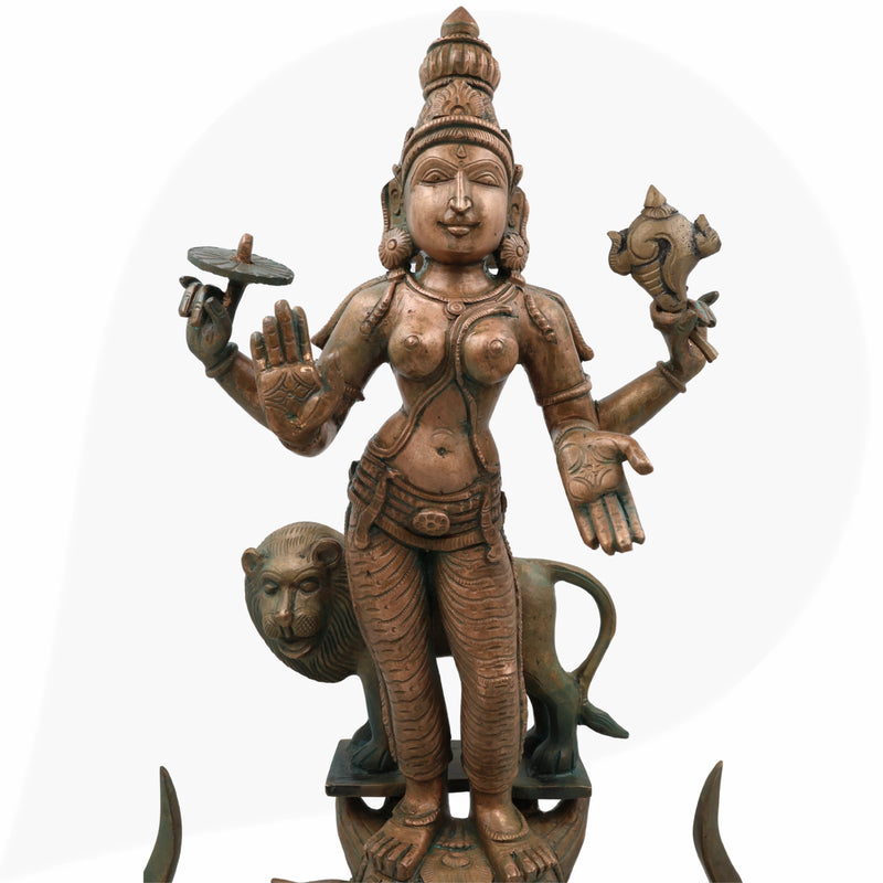 Handcrafted Bronze Durga Devi Idol | Mahishasura Mardini Panchaloha Sculpture | South Indian Chola Art Shakti Murti for Temple & Home,Brown, 19 Inch, 1 Piece