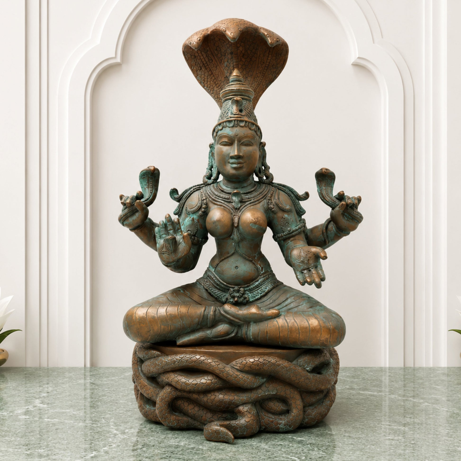 Handcrafted Bronze Manasadevi Idol, Authentic Panchaloha Manasa Mata Statue, Traditional South Indian Snake Goddess Murti for Temple & Pooja,Brown, 15.5 Inch, 1 Piece
