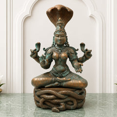 Handcrafted Bronze Manasadevi Idol, Authentic Panchaloha Manasa Mata Statue, Traditional South Indian Snake Goddess Murti for Temple & Pooja,Brown, 15.5 Inch, 1 Piece