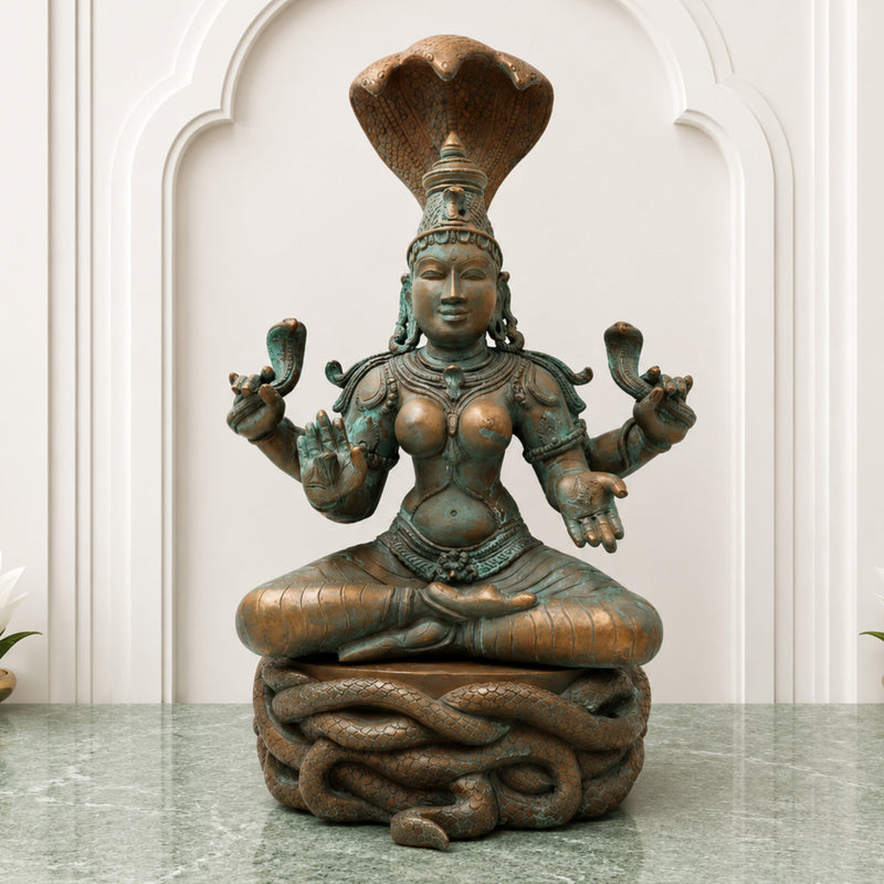 Handcrafted Bronze Manasadevi Idol, Authentic Panchaloha Manasa Mata Statue, Traditional South Indian Snake Goddess Murti for Temple & Pooja,Brown, 15.5 Inch, 1 Piece
