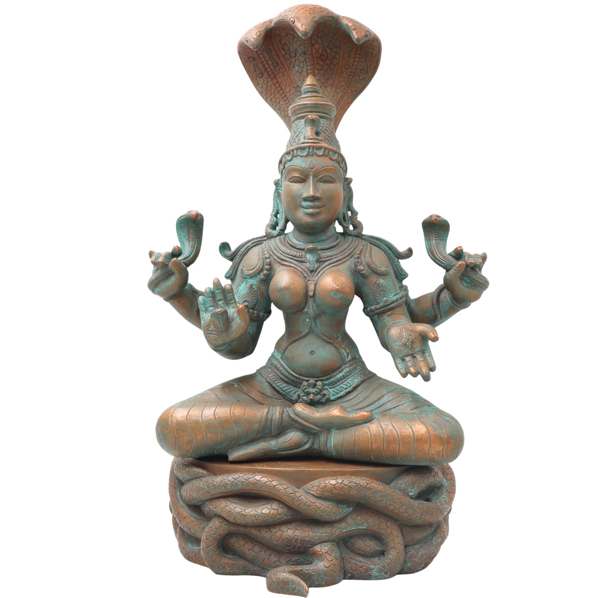 Handcrafted Bronze Manasadevi Idol, Authentic Panchaloha Manasa Mata Statue, Traditional South Indian Snake Goddess Murti for Temple & Pooja,Brown, 15.5 Inch, 1 Piece