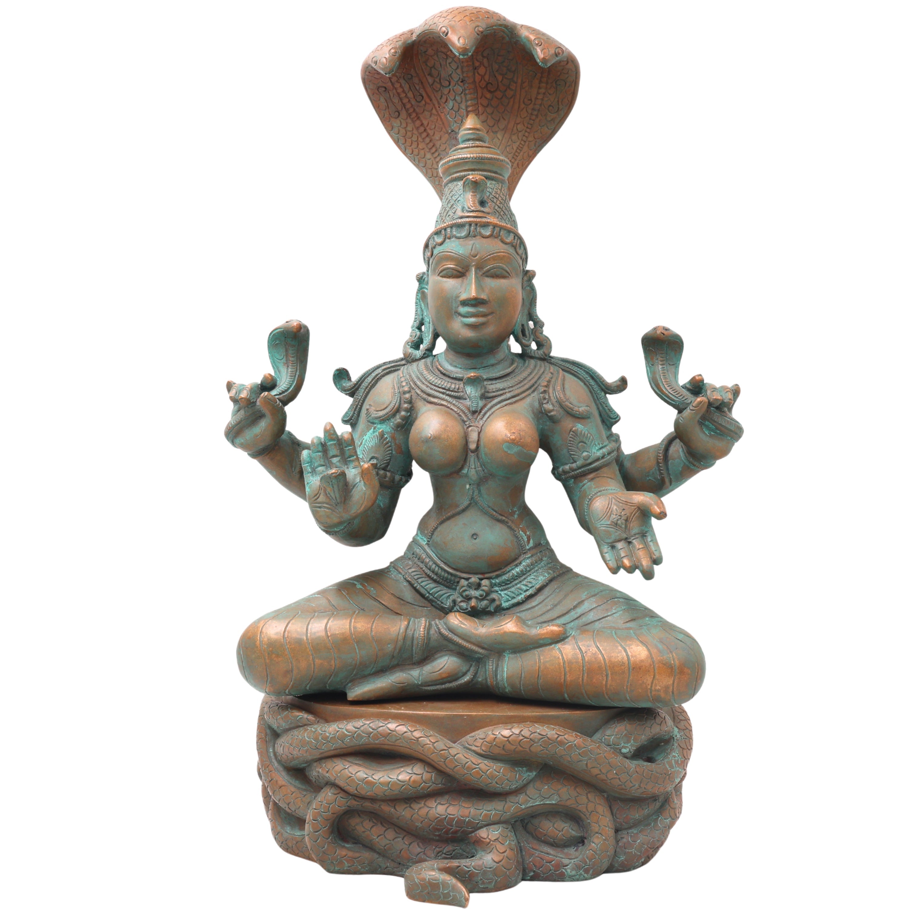 Handcrafted Bronze Manasadevi Idol, Authentic Panchaloha Manasa Mata Statue, Traditional South Indian Snake Goddess Murti for Temple & Pooja,Brown, 15.5 Inch, 1 Piece