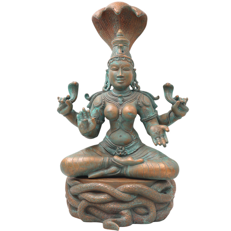 Handcrafted Bronze Manasadevi Idol, Authentic Panchaloha Manasa Mata Statue, Traditional South Indian Snake Goddess Murti for Temple & Pooja,Brown, 15.5 Inch, 1 Piece