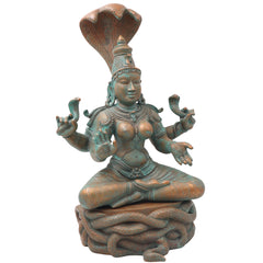 Handcrafted Bronze Manasadevi Idol, Authentic Panchaloha Manasa Mata Statue, Traditional South Indian Snake Goddess Murti for Temple & Pooja,Brown, 15.5 Inch, 1 Piece
