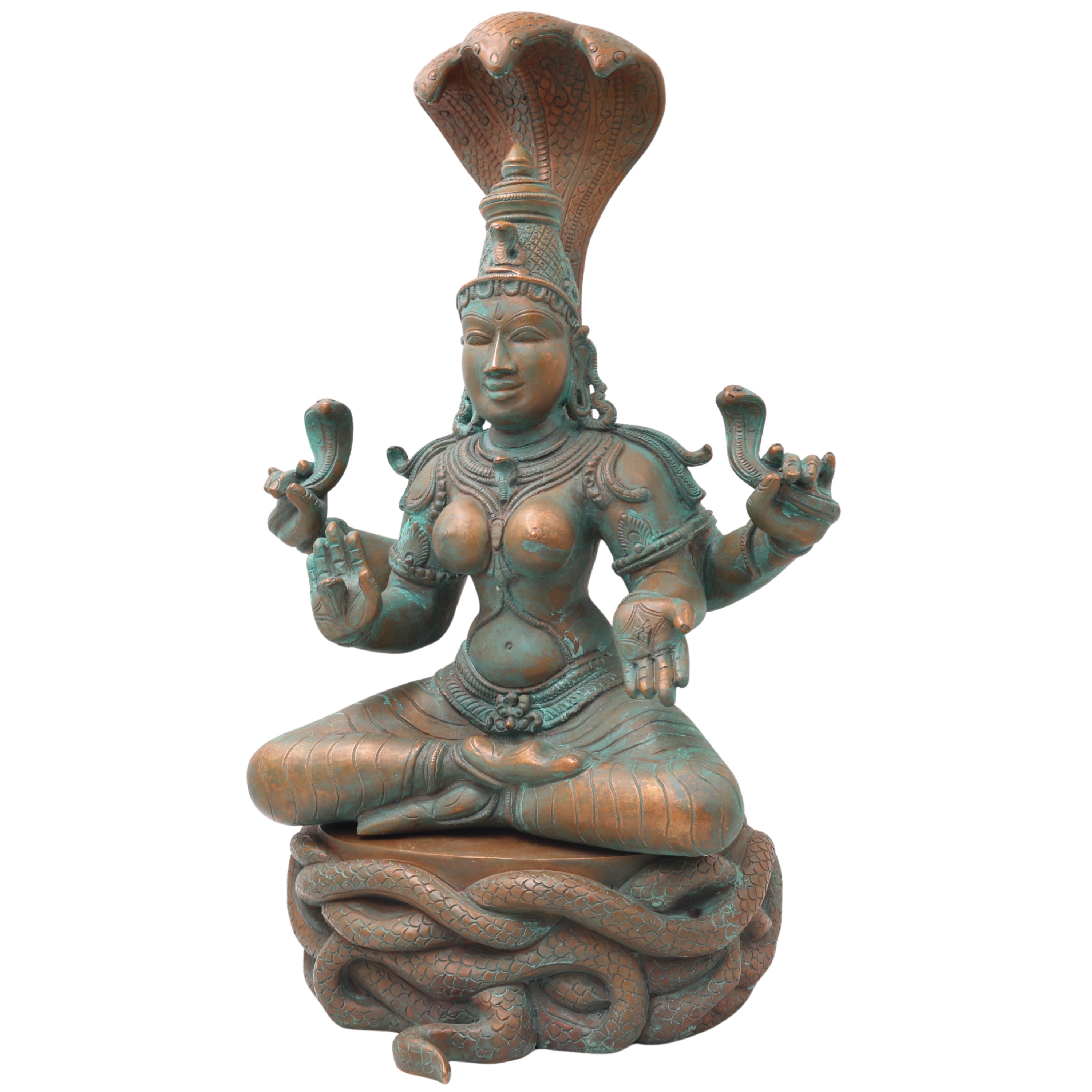 Handcrafted Bronze Manasadevi Idol, Authentic Panchaloha Manasa Mata Statue, Traditional South Indian Snake Goddess Murti for Temple & Pooja,Brown, 15.5 Inch, 1 Piece