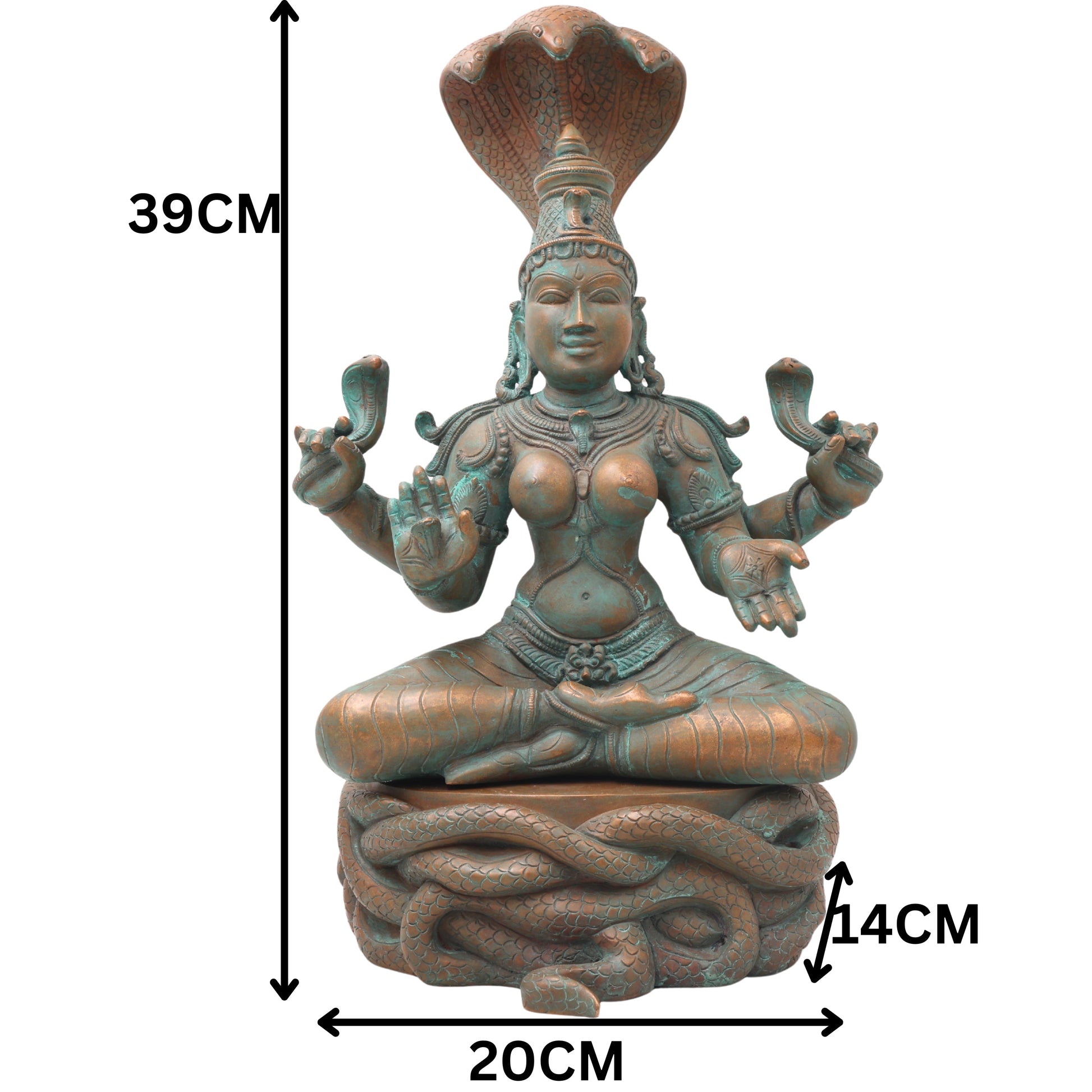 Handcrafted Bronze Manasadevi Idol, Authentic Panchaloha Manasa Mata Statue, Traditional South Indian Snake Goddess Murti for Temple & Pooja,Brown, 15.5 Inch, 1 Piece