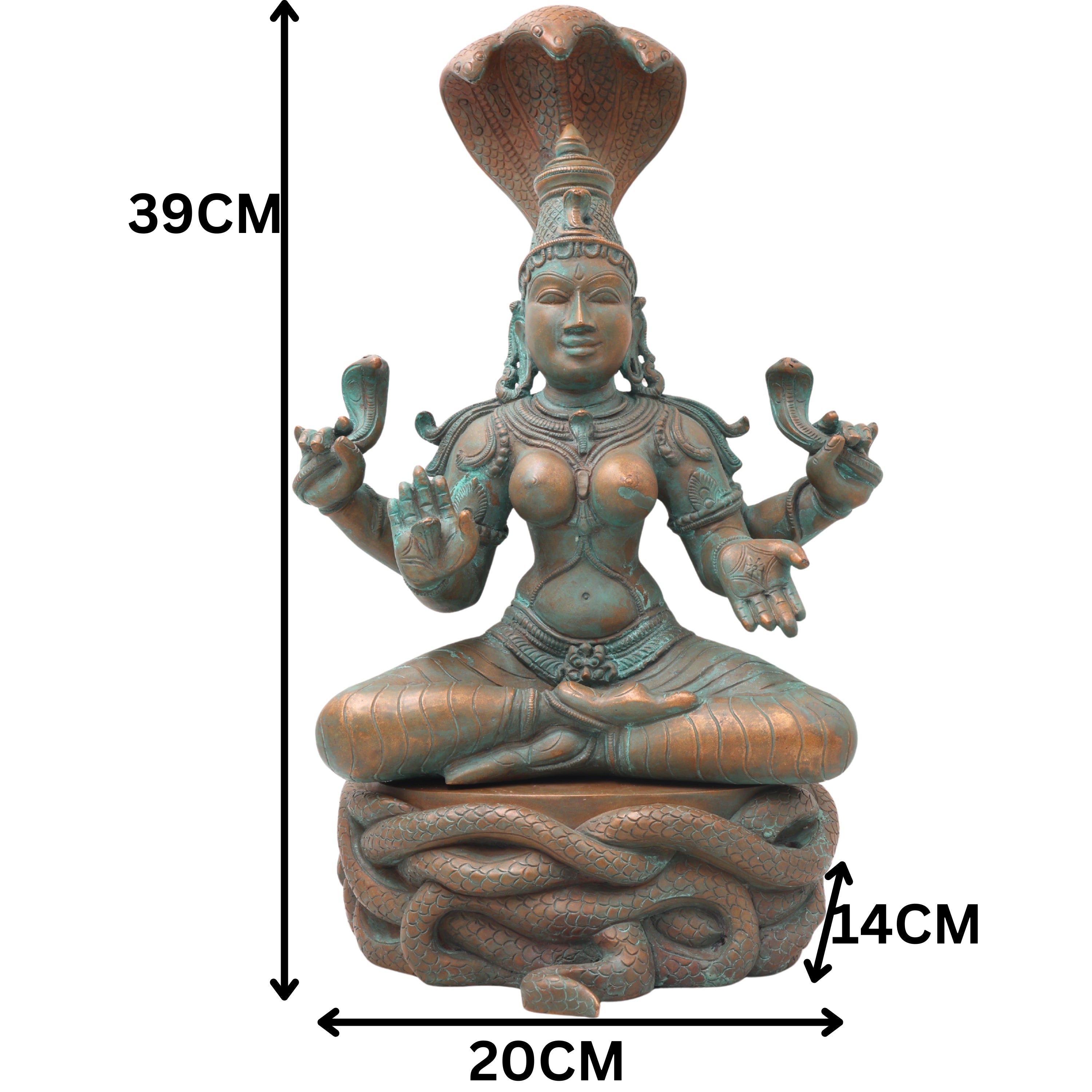 Handcrafted Bronze Manasadevi Idol, Authentic Panchaloha Manasa Mata Statue, Traditional South Indian Snake Goddess Murti for Temple & Pooja,Brown, 15.5 Inch, 1 Piece
