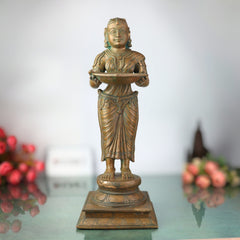Handcrafted Bronze Deep Lakshmi Diya Lady Idol, Traditional Panchaloha Oil Lamp Holder Sculpture for Home, Temple & Puja Decor,Brown, 17.5 Inch, 1 Piece