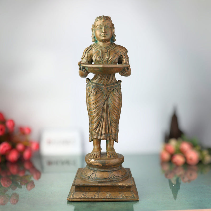 Handcrafted Bronze Deep Lakshmi Diya Lady Idol, Traditional Panchaloha Oil Lamp Holder Sculpture for Home, Temple & Puja Decor,Brown, 17.5 Inch, 1 Piece