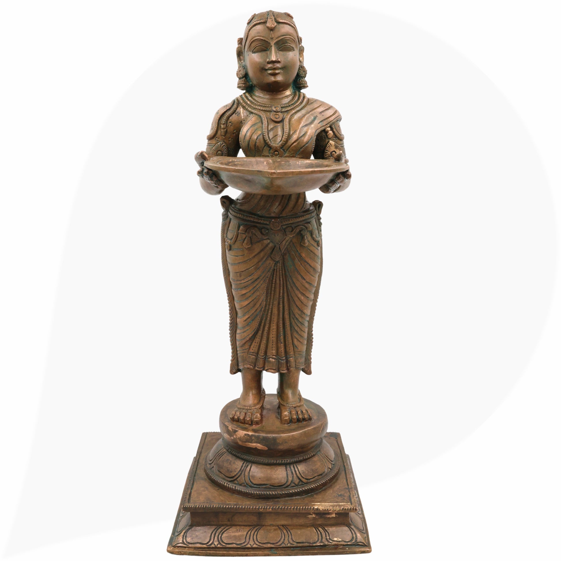 Handcrafted Bronze Deep Lakshmi Diya Lady Idol, Traditional Panchaloha Oil Lamp Holder Sculpture for Home, Temple & Puja Decor,Brown, 17.5 Inch, 1 Piece