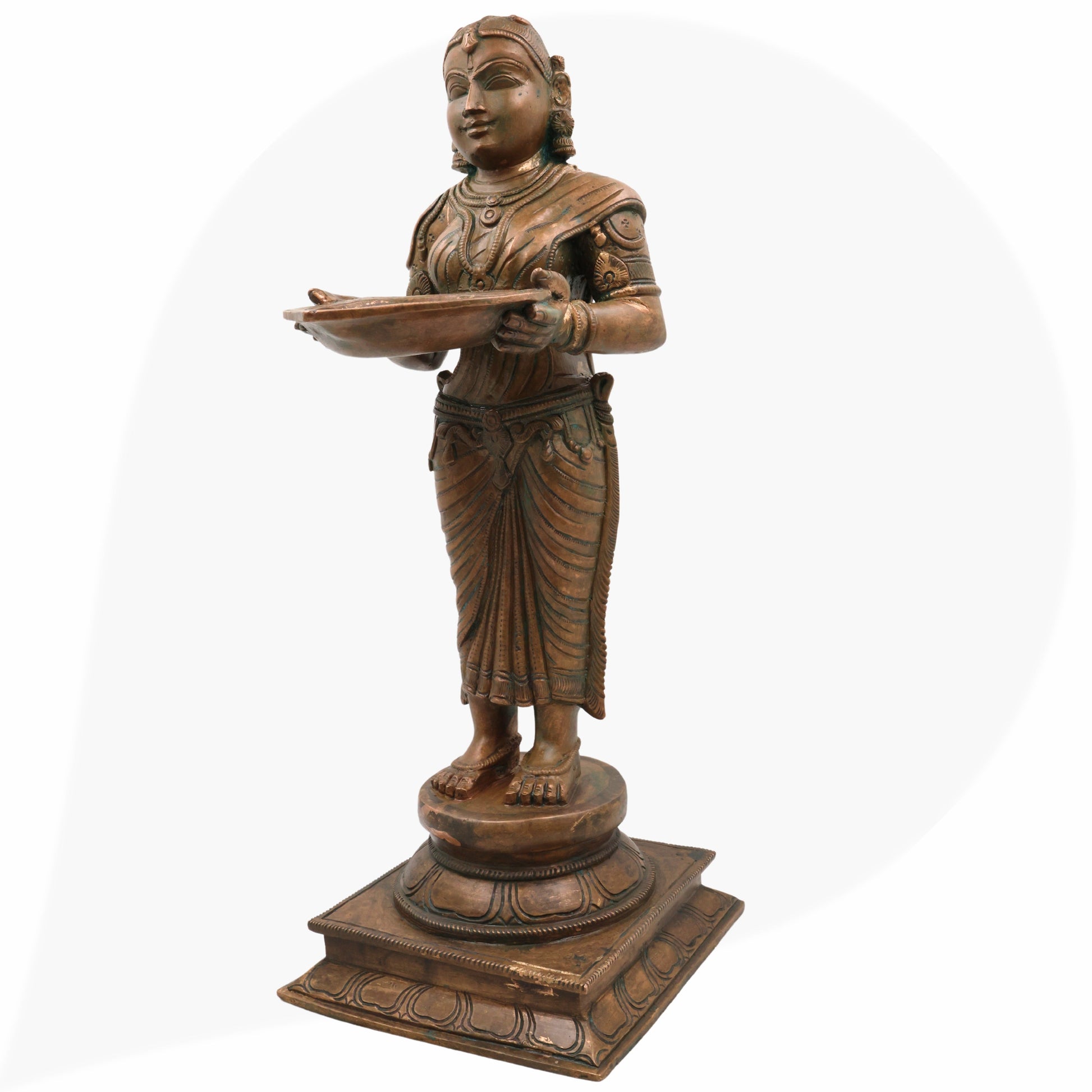 Handcrafted Bronze Deep Lakshmi Diya Lady Idol, Traditional Panchaloha Oil Lamp Holder Sculpture for Home, Temple & Puja Decor,Brown, 17.5 Inch, 1 Piece